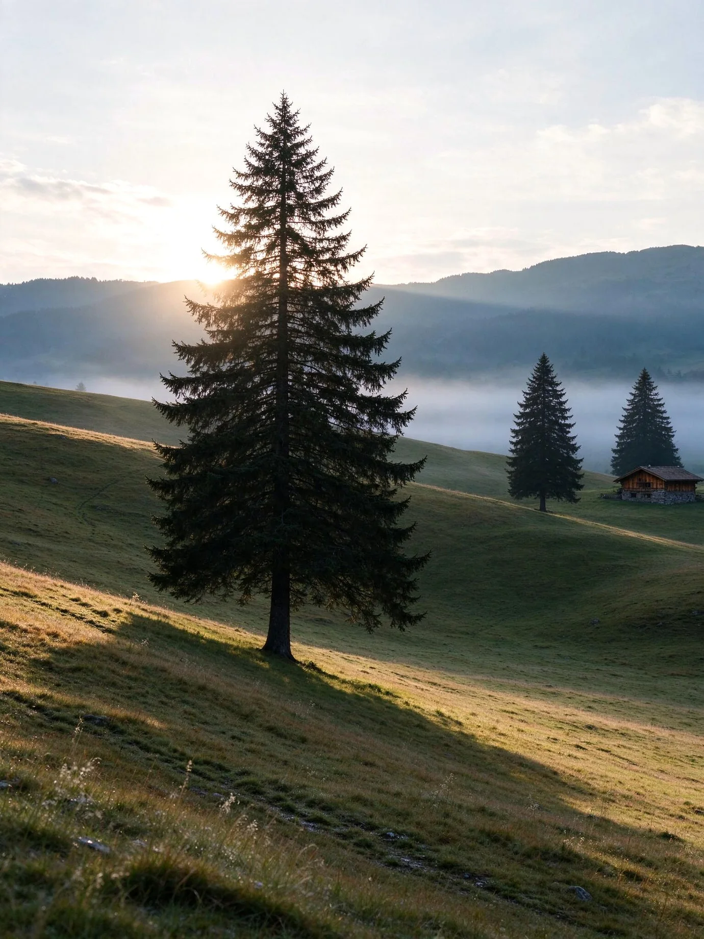 Morgendliche Nebelstimmung über einer bewaldeten Hügellandschaft