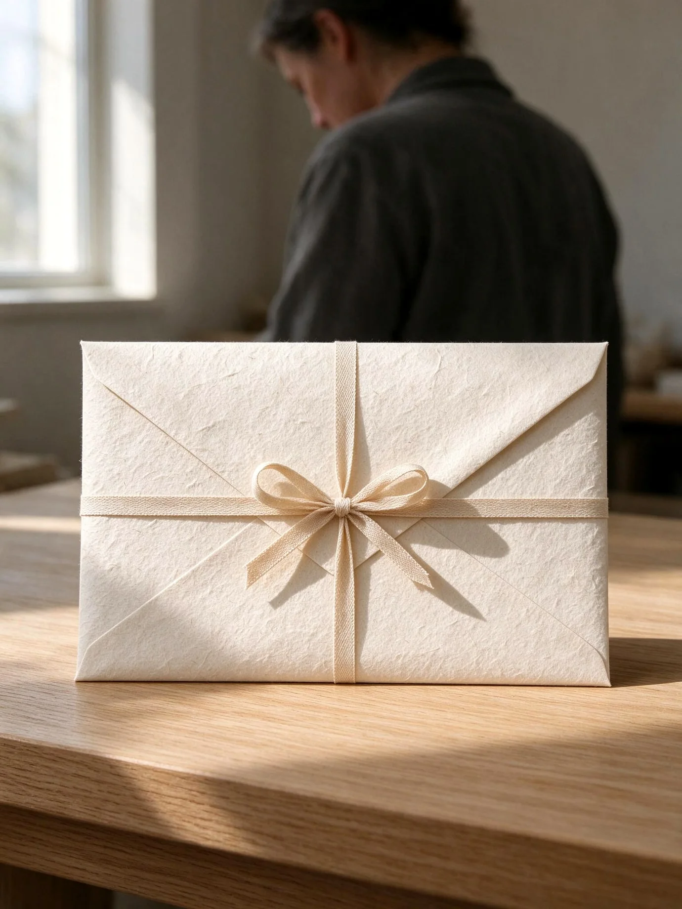 Hochwertig verpackter Geschenkgutschein auf Holzgrund mit feinem Band