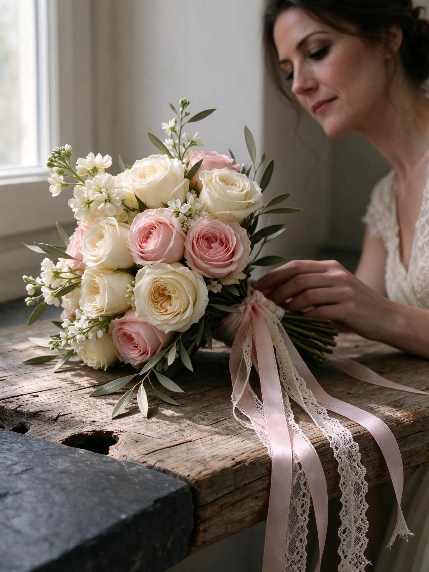Festliche Hochzeitsdekoration mit zarten Blumen und hellem Tageslicht
