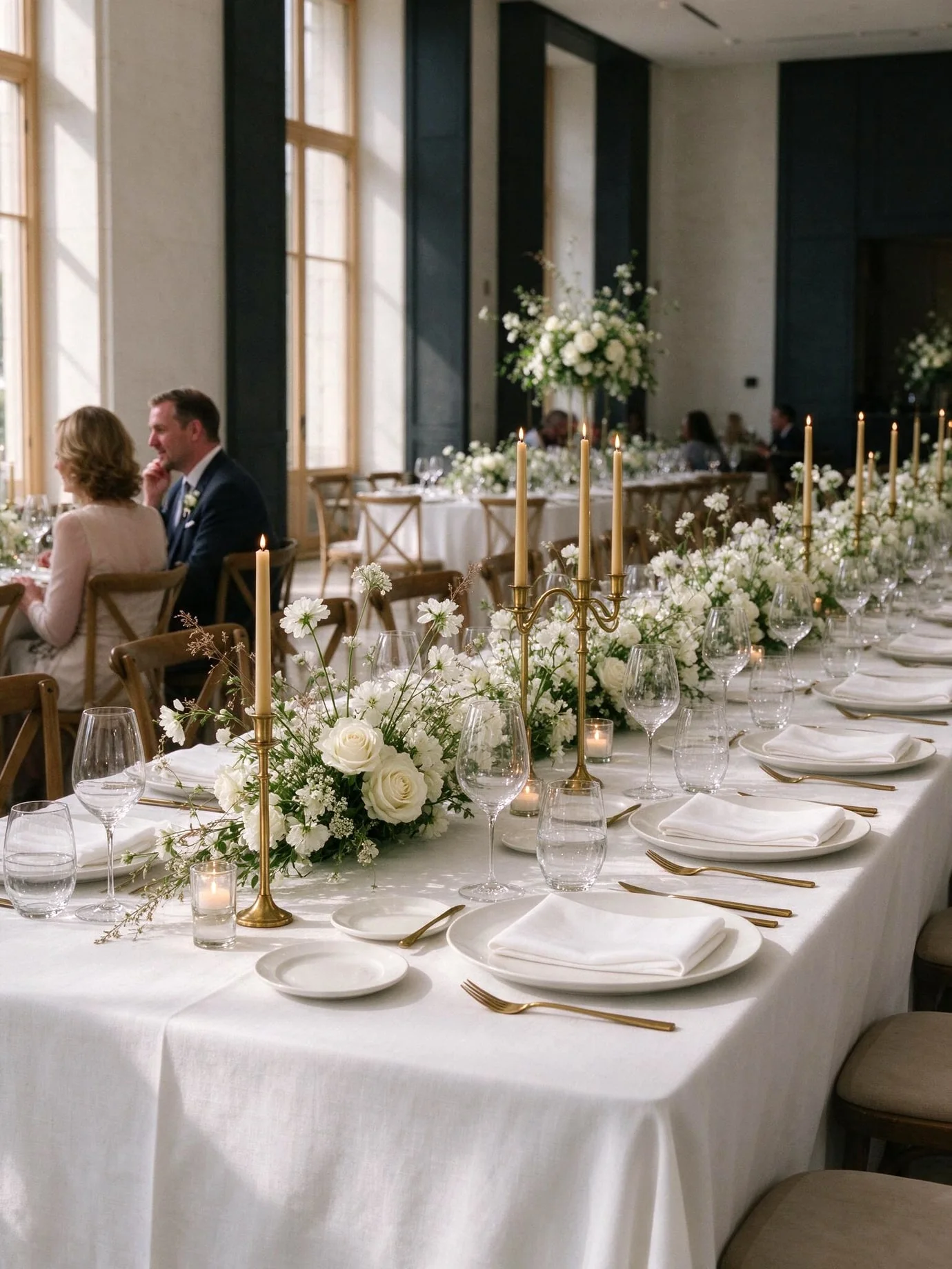 Festlich gedeckte Hochzeitstafel im natürlichen Tageslicht