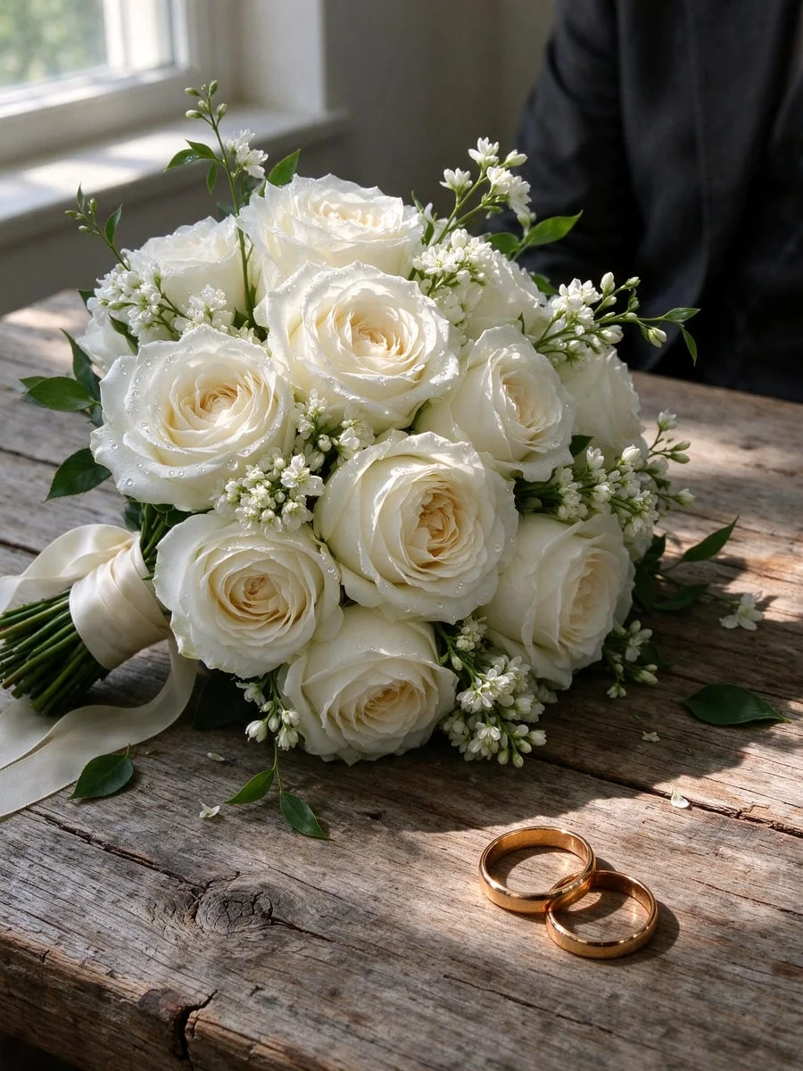 Festliches Hochzeitsdetail mit Brautstrauss und Ringen